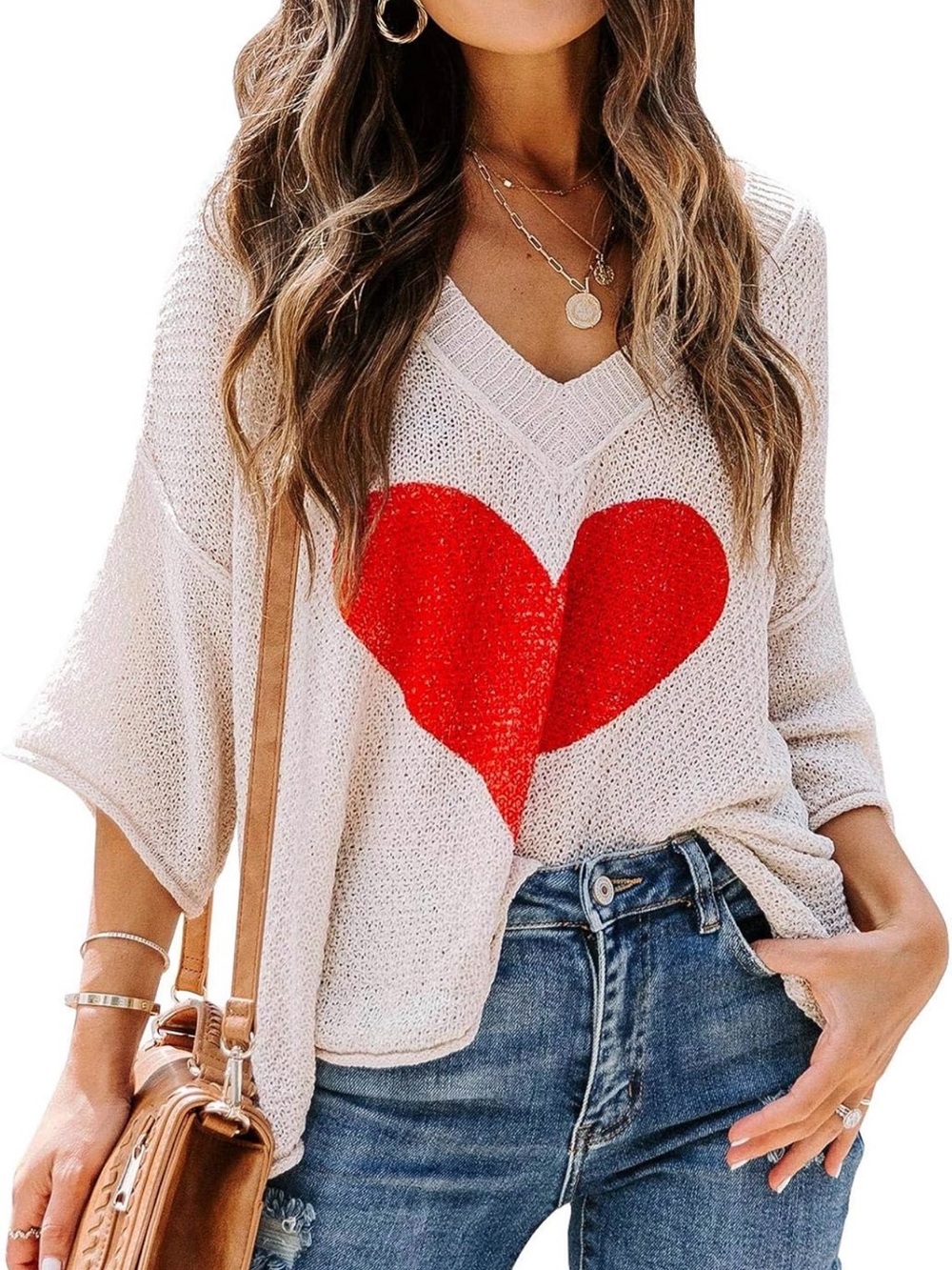 Cream Knit V-Neck Sweater with Red Heart